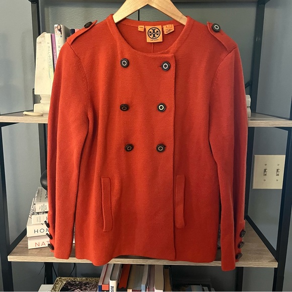 Tory Burch 100% Wool Orange double breasted cardigan size medium - Picture 1 of 7